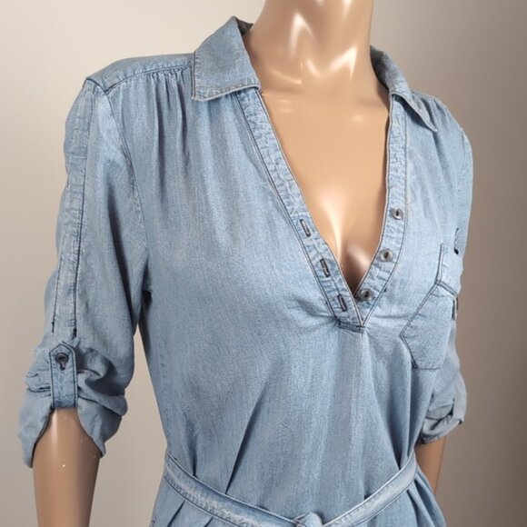 Velvet Heart Chambray Denim Shirt Dress Tie Belt Henley Buttoned Long Sleeve - Picture 3 of 11